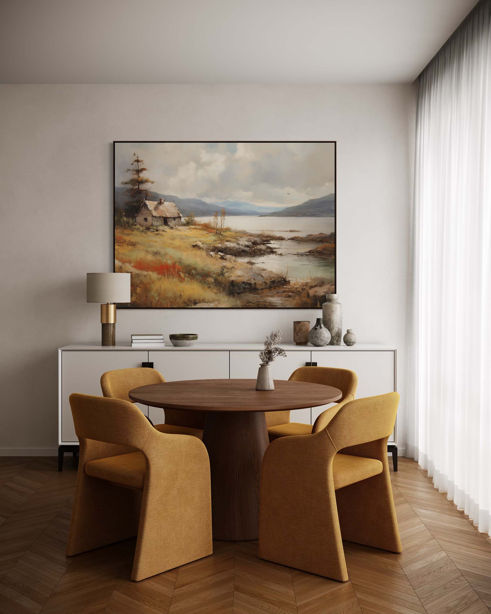 Dining room with wooden table and chairs, white cabinet, and landscape painting on wall.