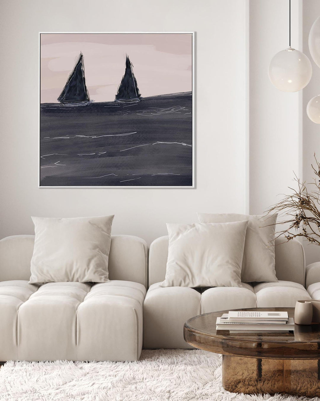 Modern living room with a beige sectional sofa, wooden coffee table, and abstract painting on the wall.