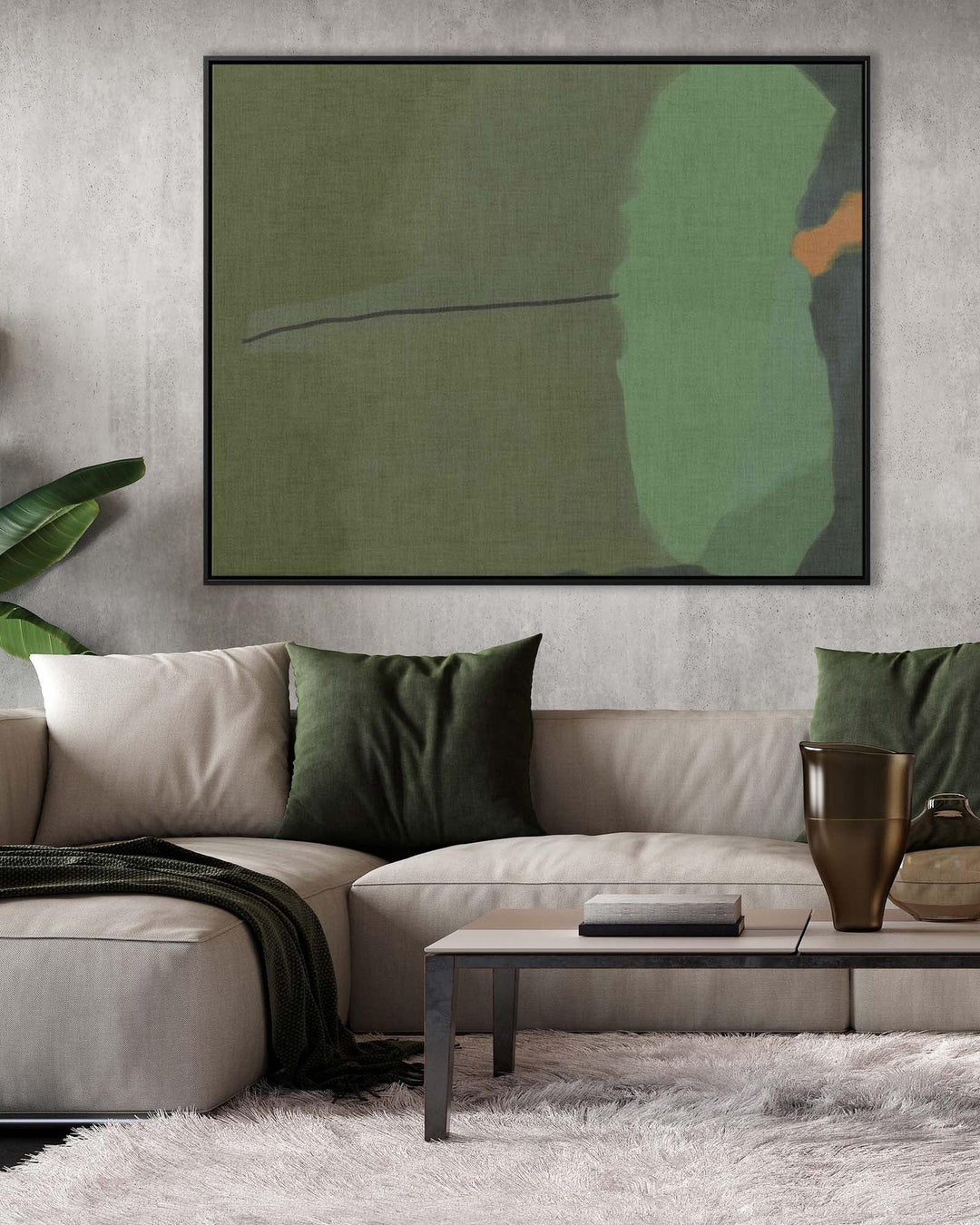 large green canvas wall art modern print in living room above sofa