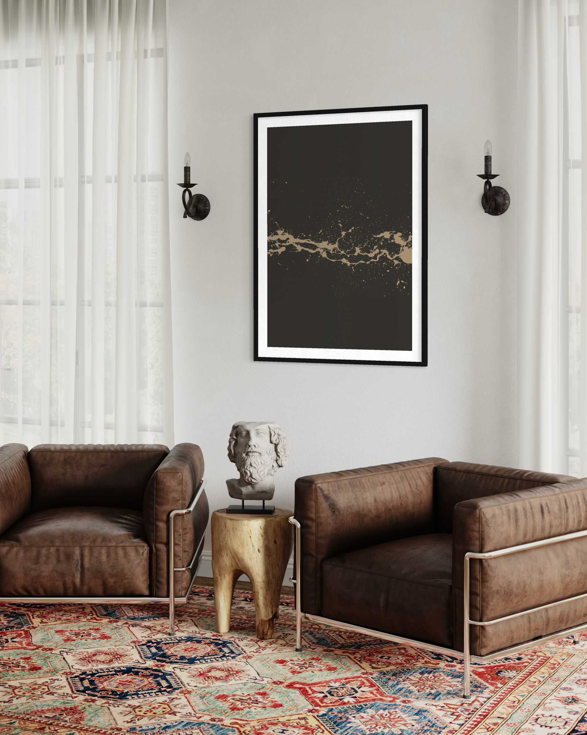 Modern living room with brown leather sofa, gold side table, and abstract art on the wall.