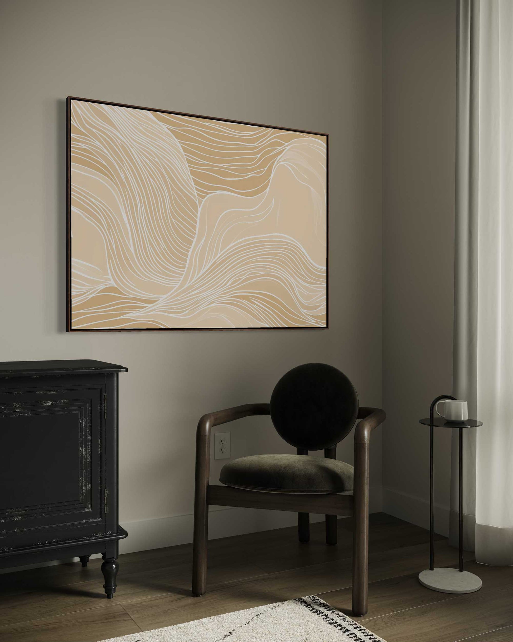 Modern interior with abstract wall art, black chair, and side table.