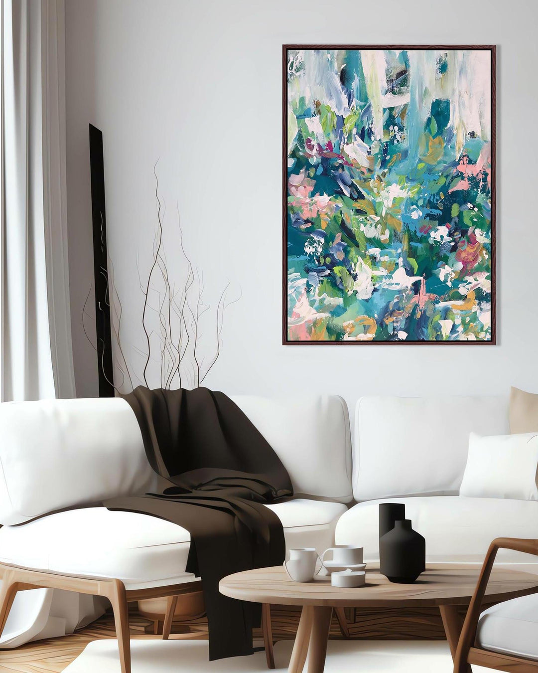 Modern living room with a colorful abstract painting on the wall.