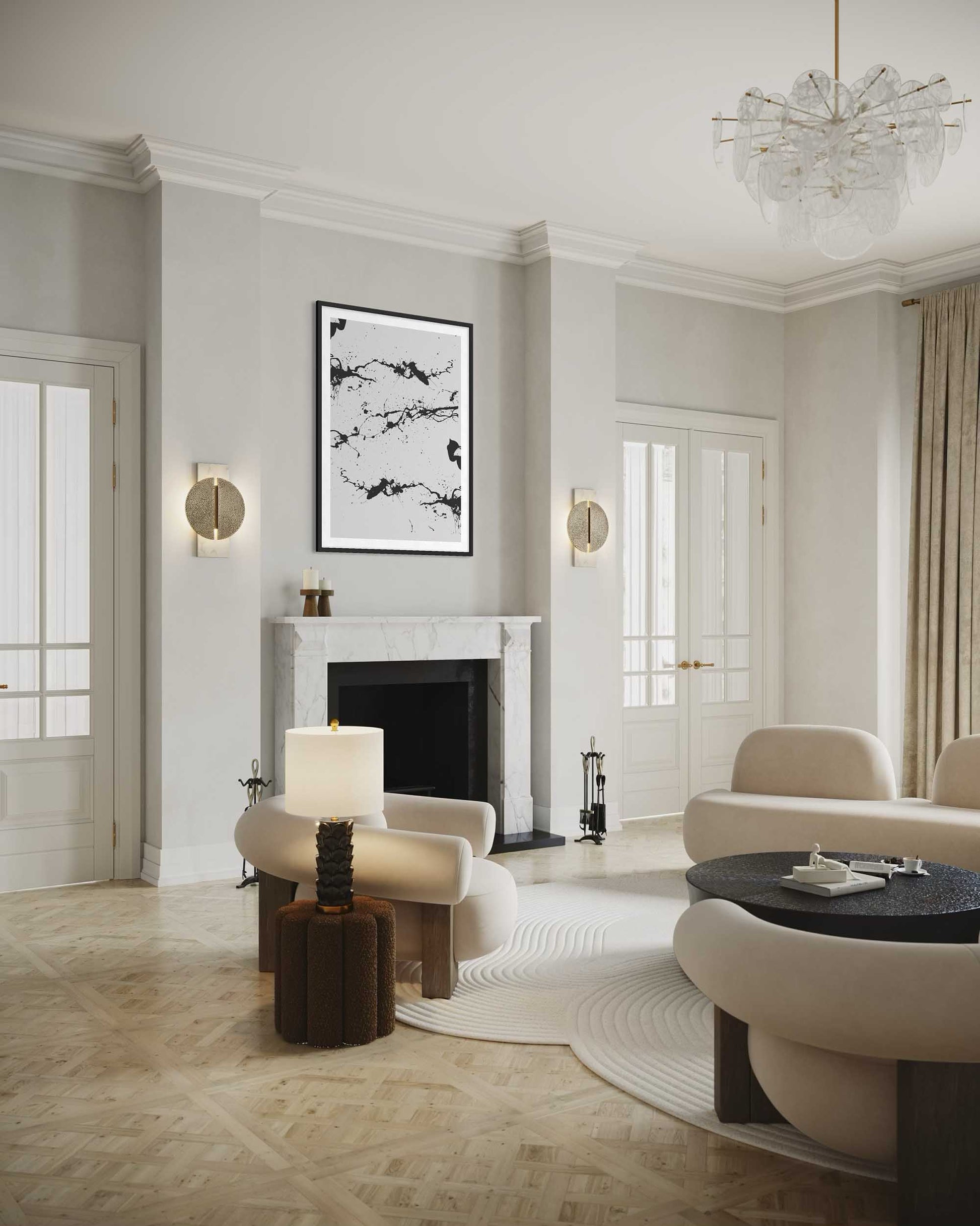 Modern living room with marble fireplace, stylish furniture, and decorative elements.
