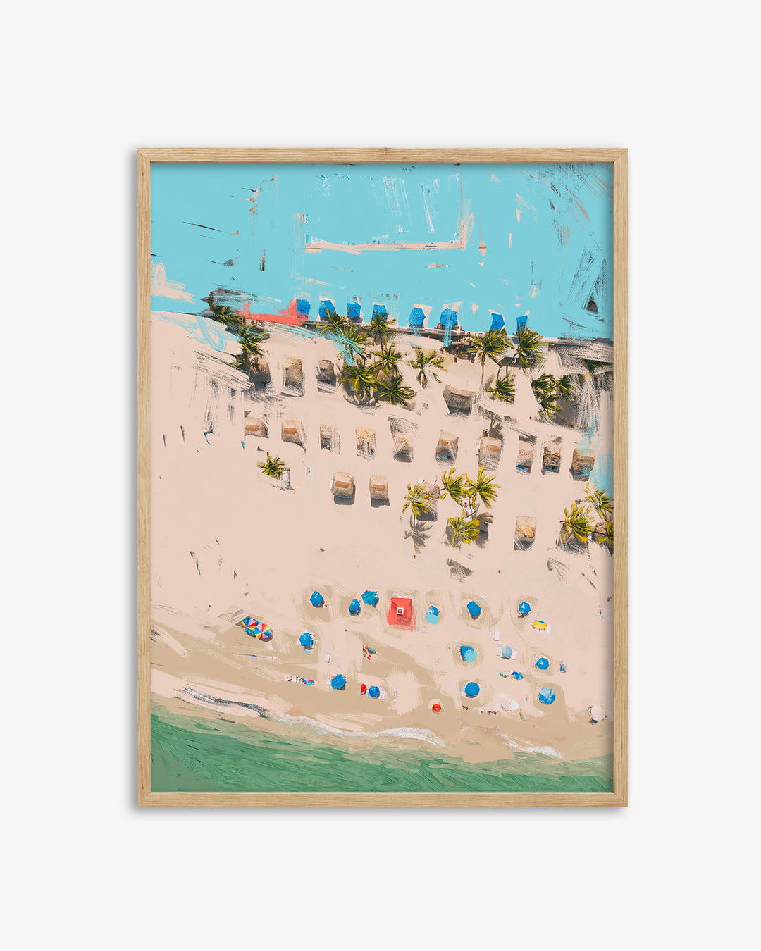 Framed artwork of a beach scene with buildings, chairs, and umbrellas.