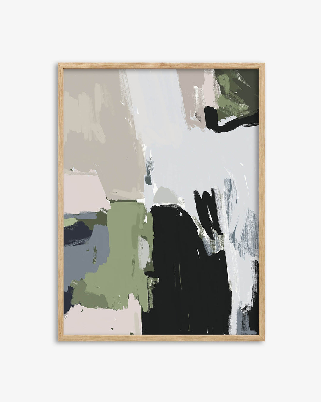 Abstract art print with a wooden frame on a white background