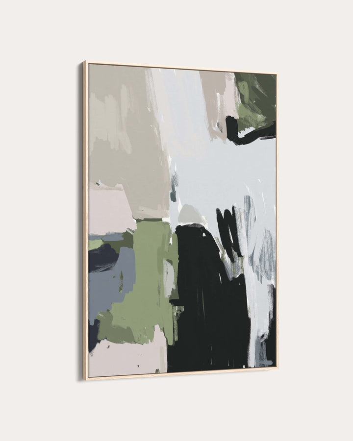Abstract art painting with splashes of green, black, and white on a light gray background