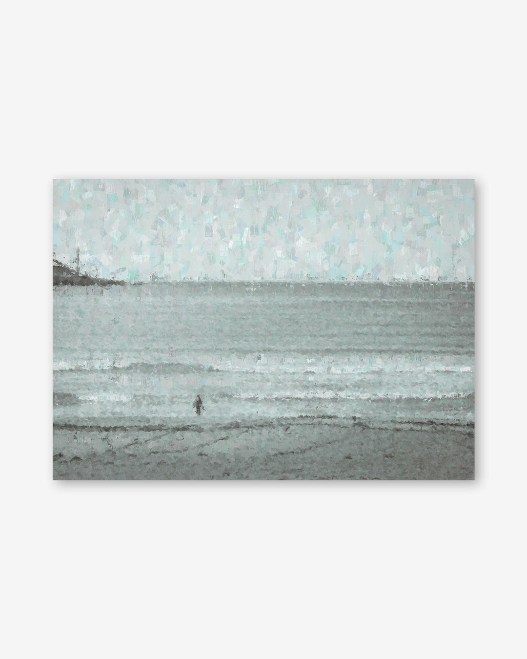 Person walking on a beach with a textured watercolor effect