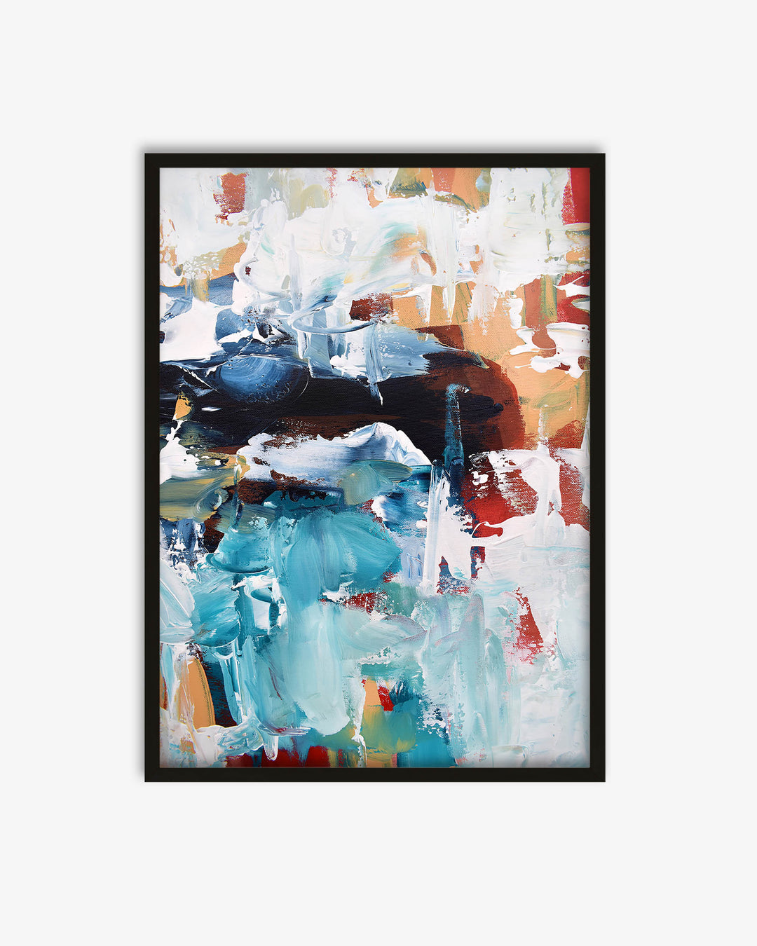 Abstract painting with colorful brush strokes in a black frame on a white background