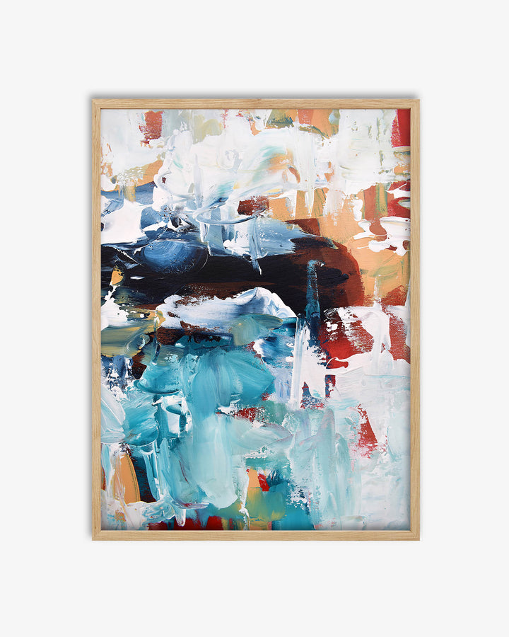 Abstract art painting with a wooden frame on a white background
