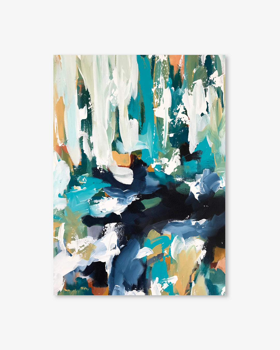 Abstract art print with a mix of blue, green, and white colors on a light gray background