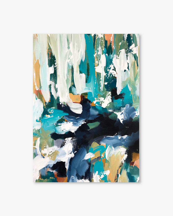 Abstract art print with a mix of blue, green, and white colors on a light gray background