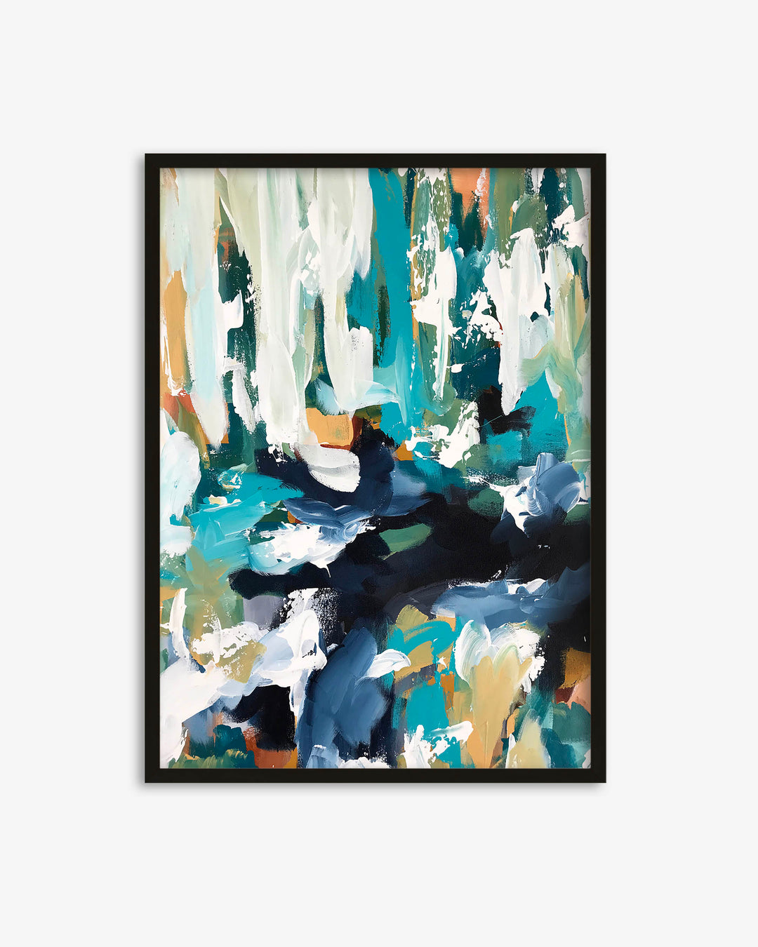 Framed abstract art print with colorful brush strokes on a white background
