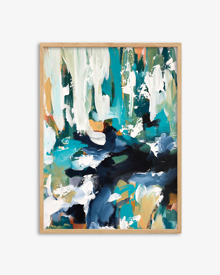 Abstract art print with a wooden frame on a white background