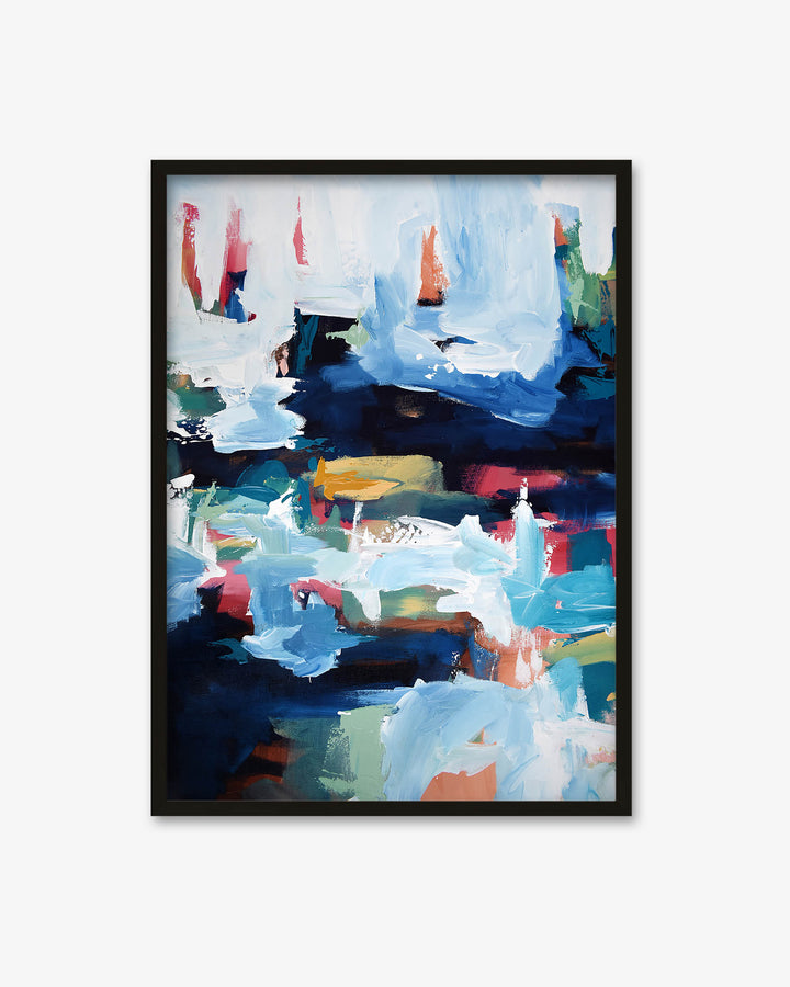 Framed abstract art with colorful brush strokes on a white background