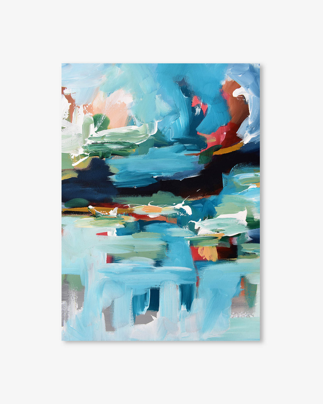 Abstract painting with a mix of blue, green, and red colors on a white background