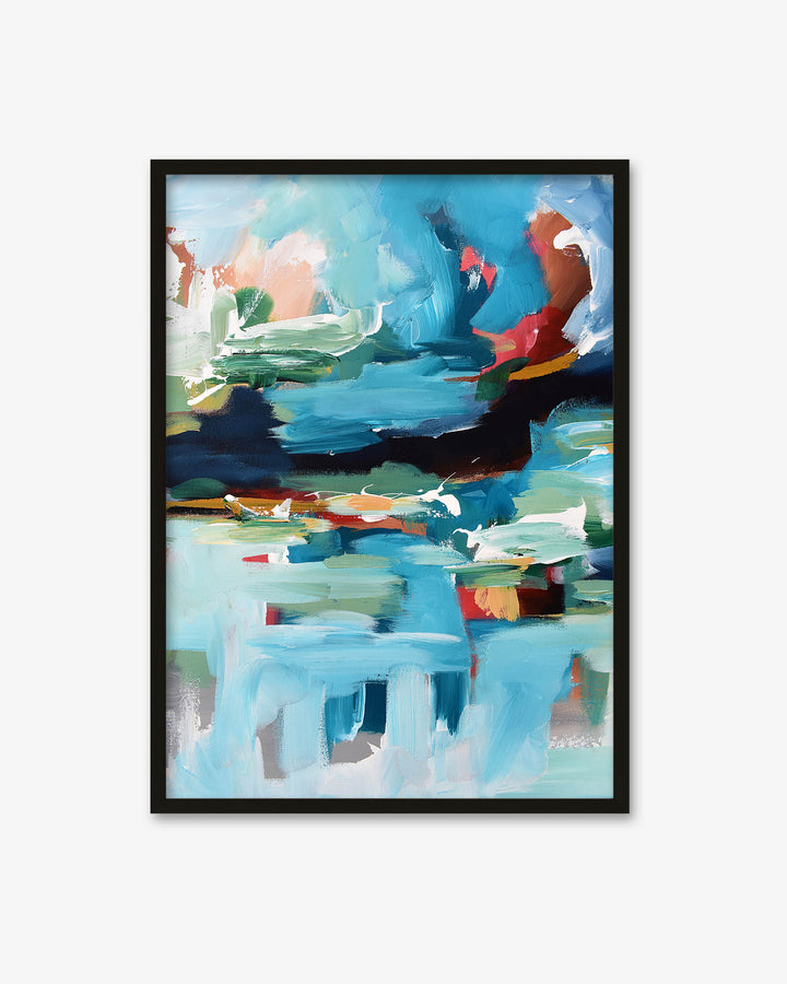 Framed abstract painting with colorful abstract design on a white background