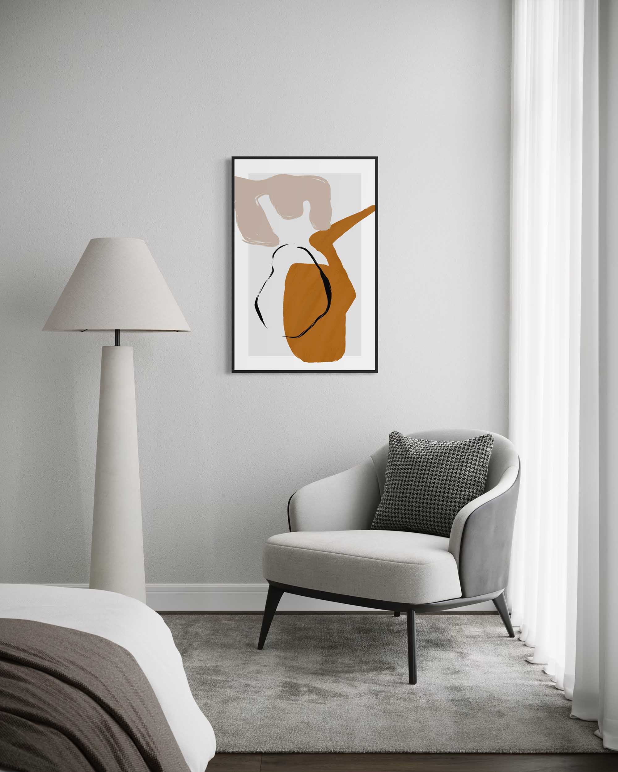 Modern interior with a gray armchair, lamp, and abstract art on the wall.