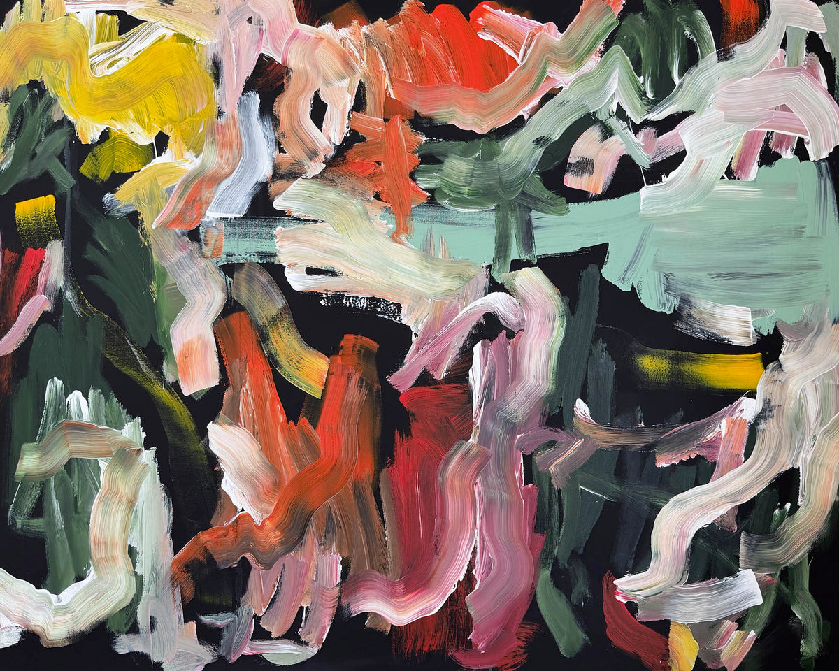 An abstract expressionist painting filled with energetic, layered brushstrokes in black, green, pink, red, yellow, and white.