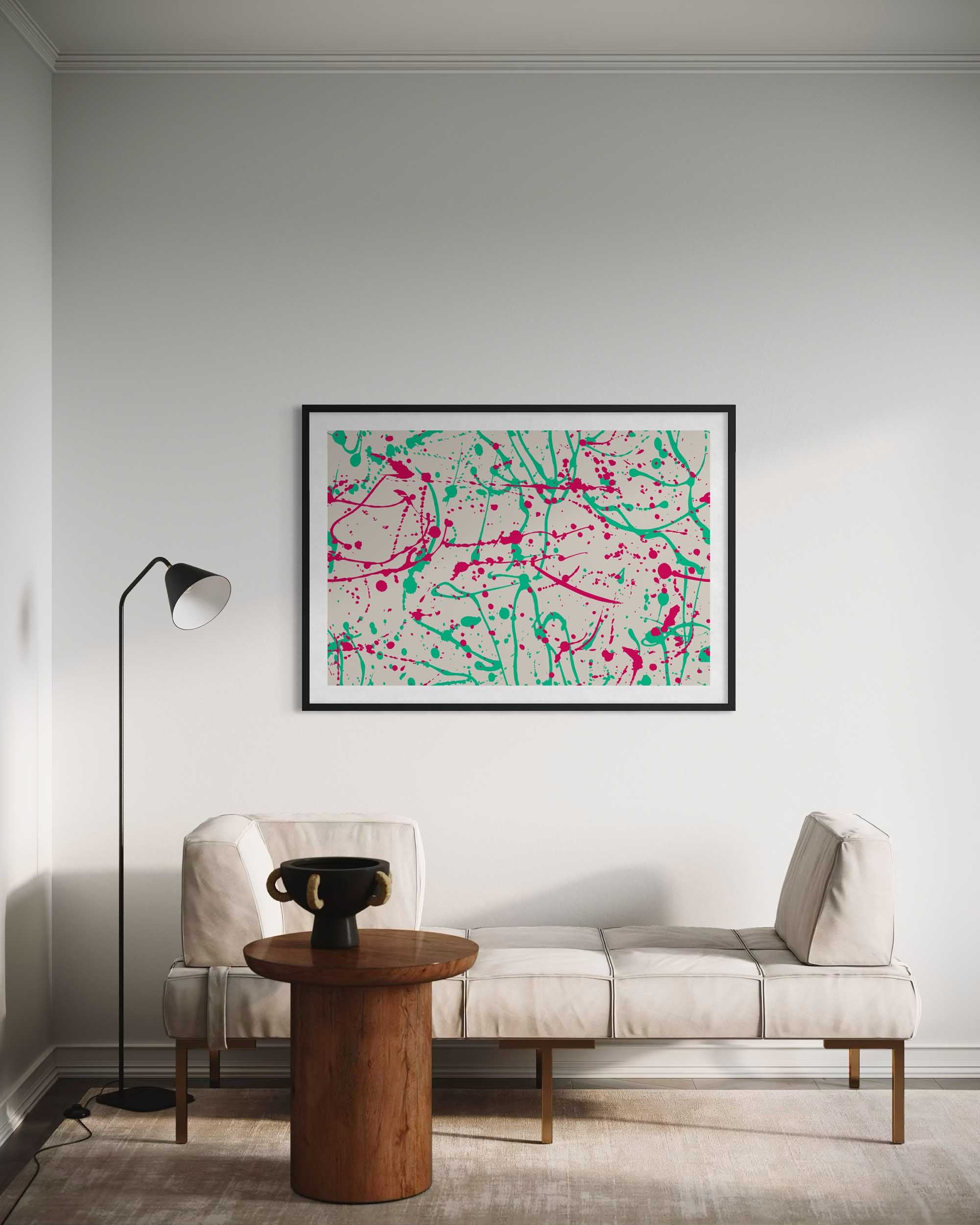 Modern living room with a abstract painting, sofa, and floor lamp.