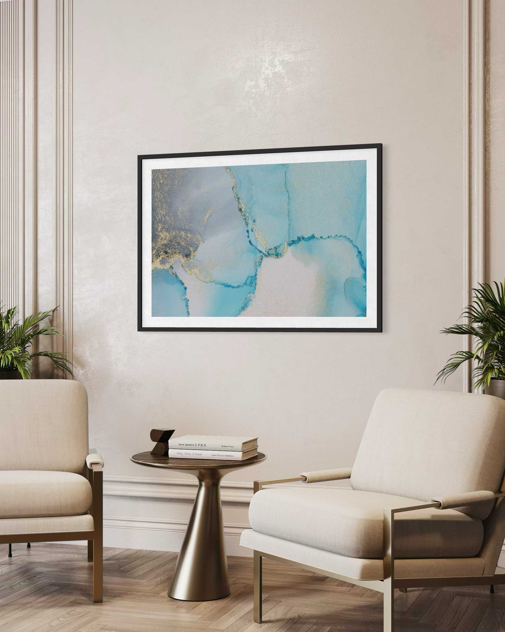 Modern living room with abstract art, chairs, and a side table.