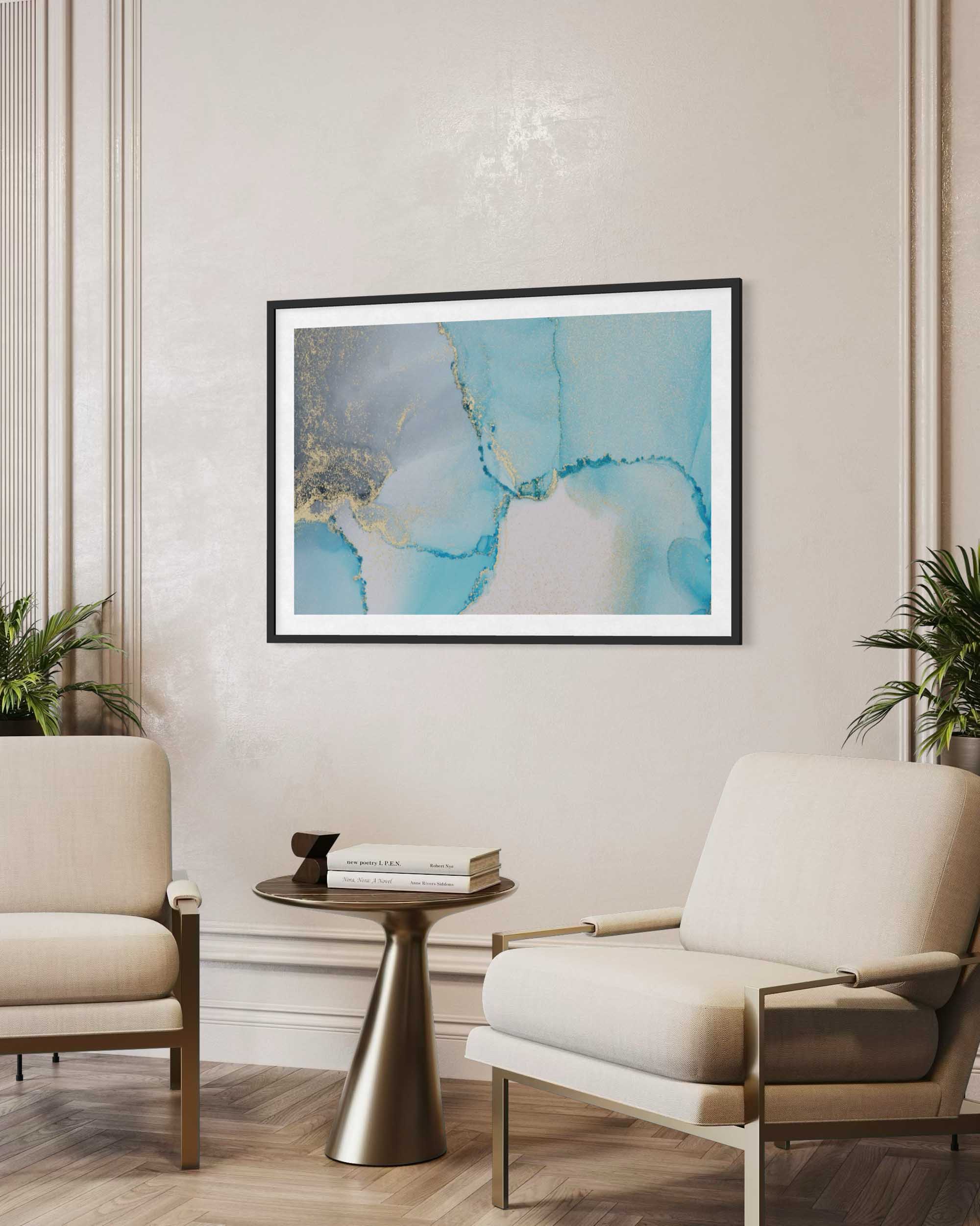 Modern living room with abstract art, chairs, and a side table.