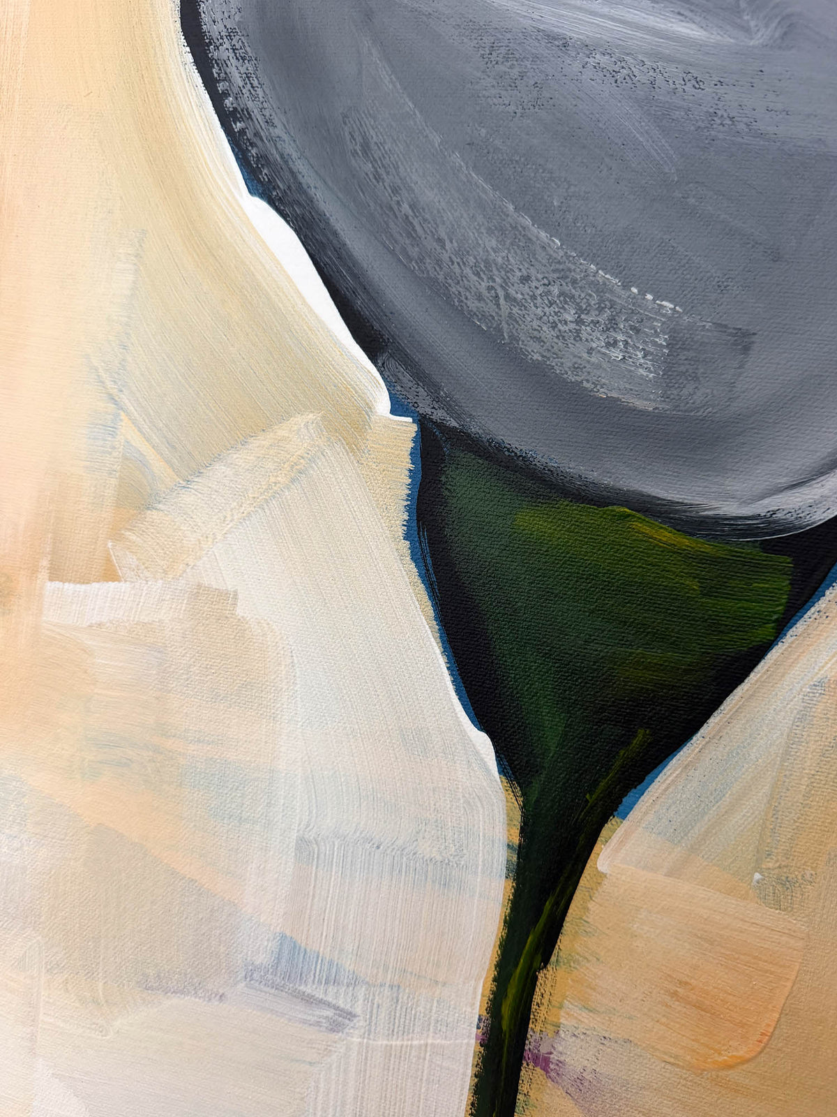 Abstract painting with broad brushstrokes in charcoal gray, cream, beige, dark green, and deep blue-green, with a central vertical dark green form and a large gray shape above it.