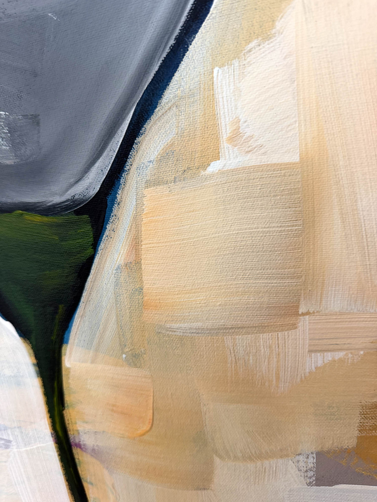 Abstract painting with textured brushstrokes in beige, cream, gray, black, and a small area of green.