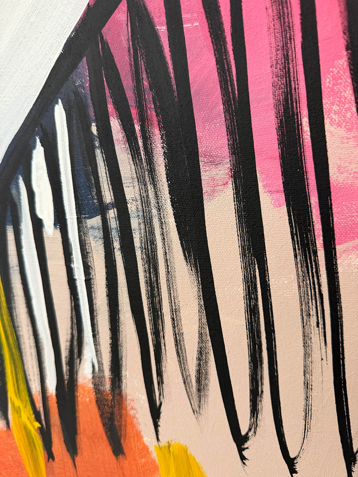 Abstract canvas painting with bold vertical black brushstrokes over a pink, beige, orange, and white background.