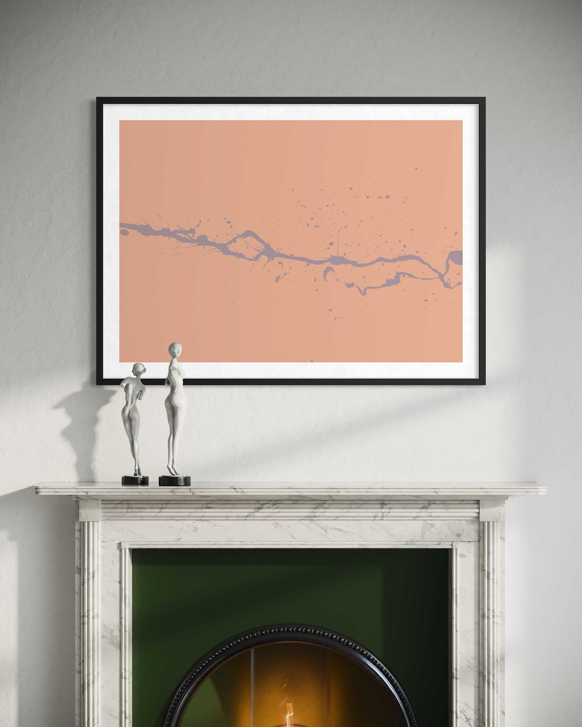 Framed abstract art piece on a wall above a fireplace with decorative sculptures.
