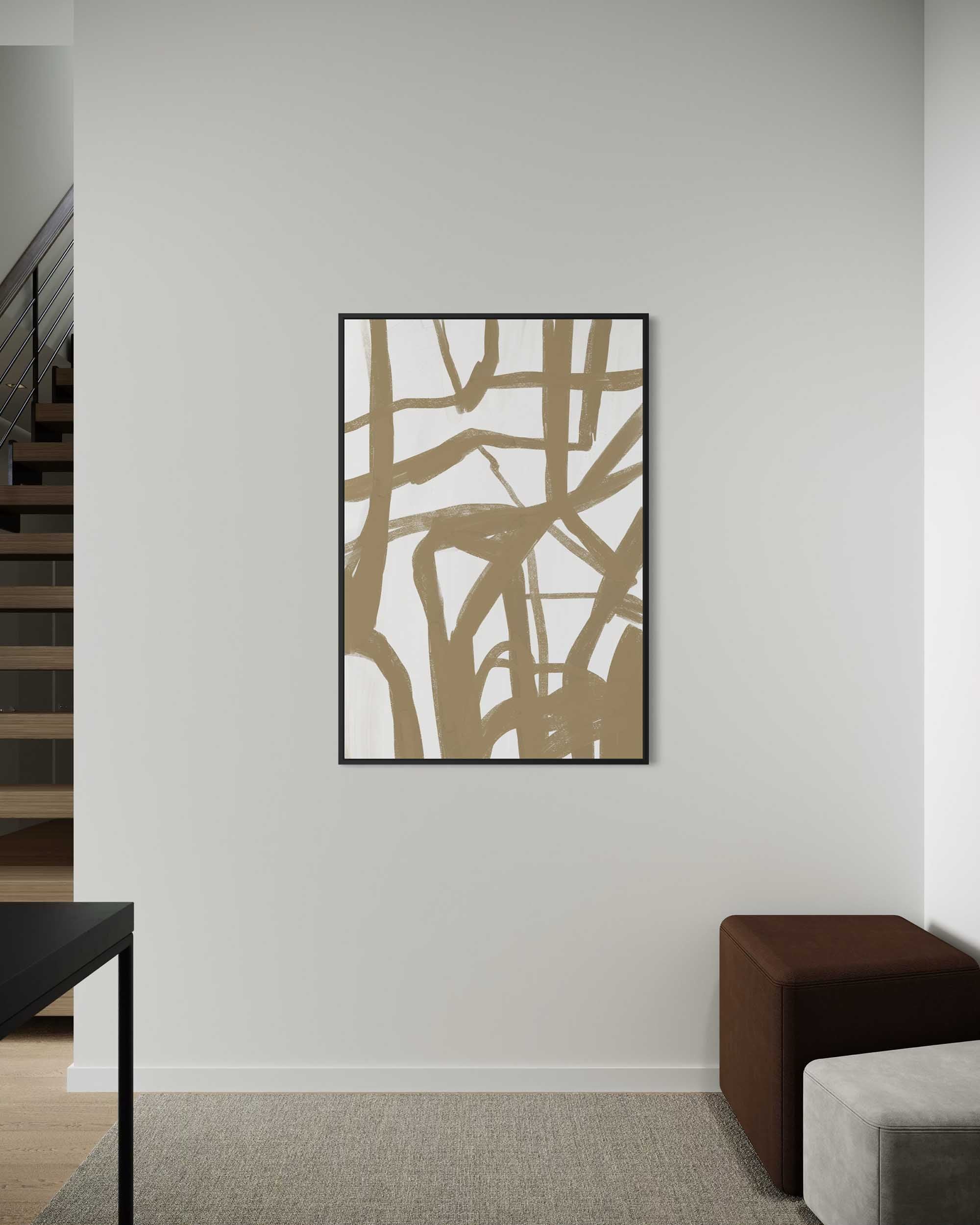 Abstract art piece on a wall in a modern interior setting