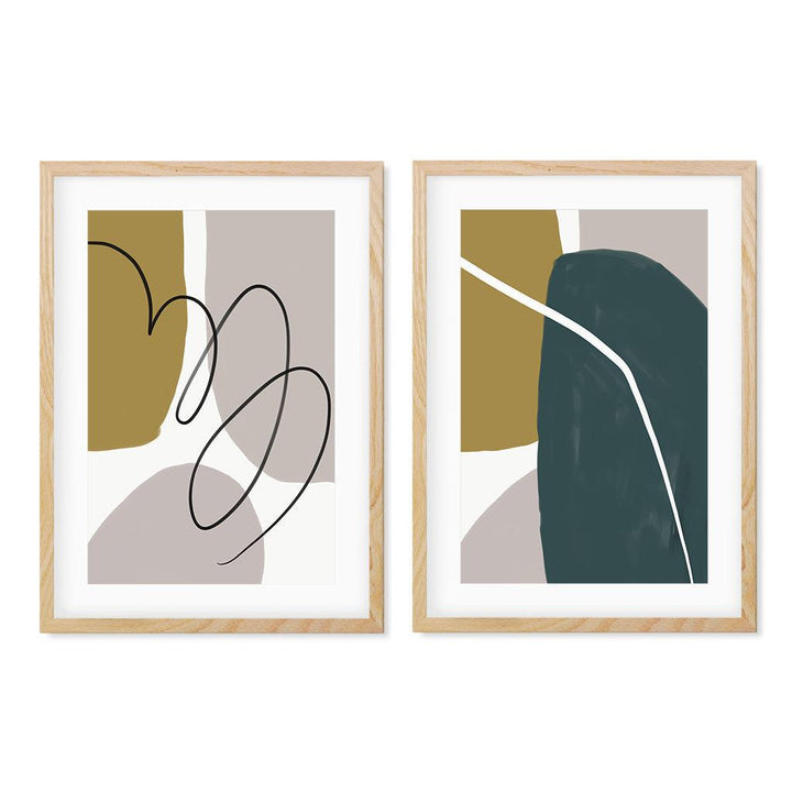 Modern Green & Grey Abstract - Print Set Of 2 Oak Frame Wall Art Print Set Of 2 - Abstract House