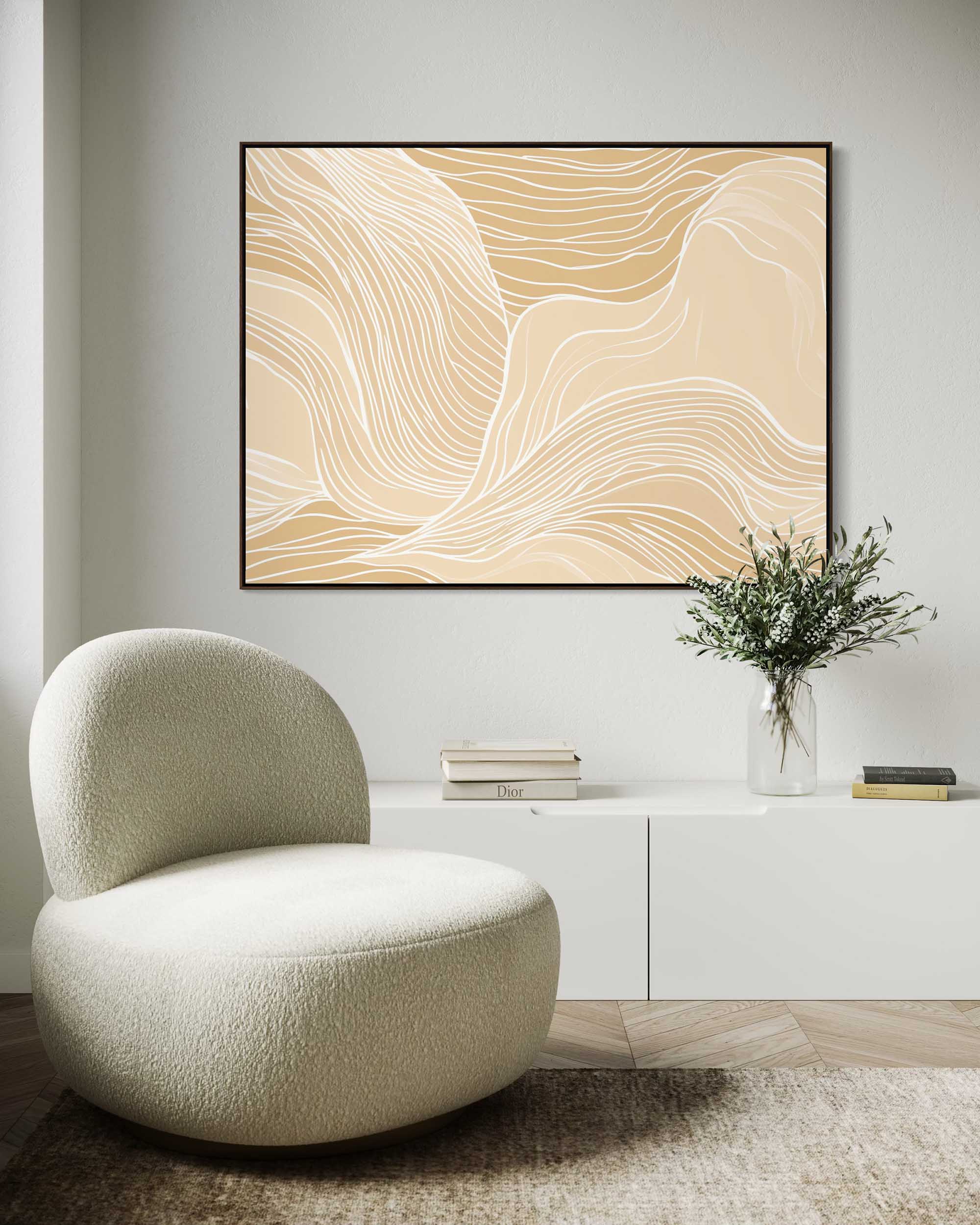 Modern interior with a beige abstract painting, round chair, and small table with books and a vase.