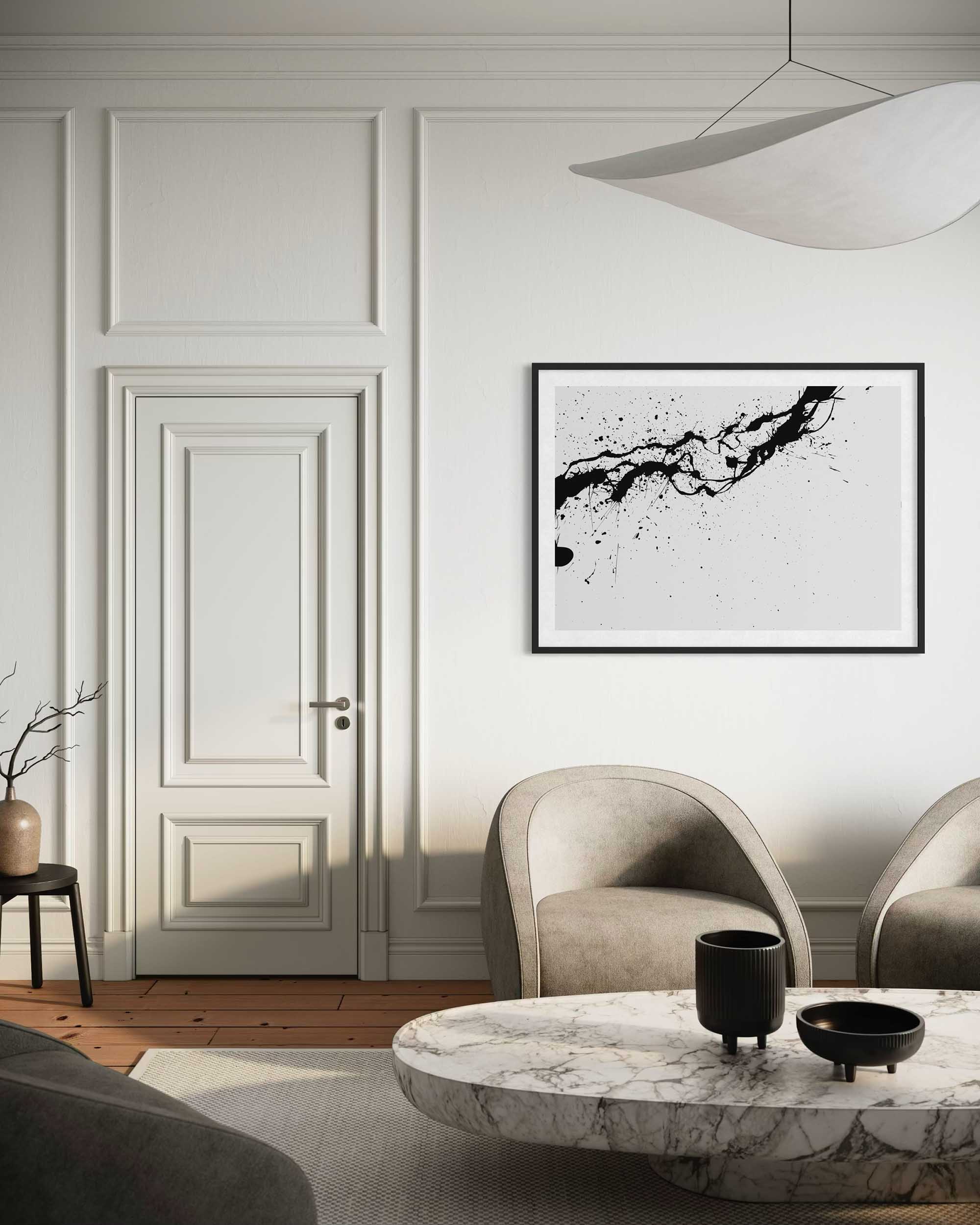 Modern living room with abstract art on the wall and marble coffee table.