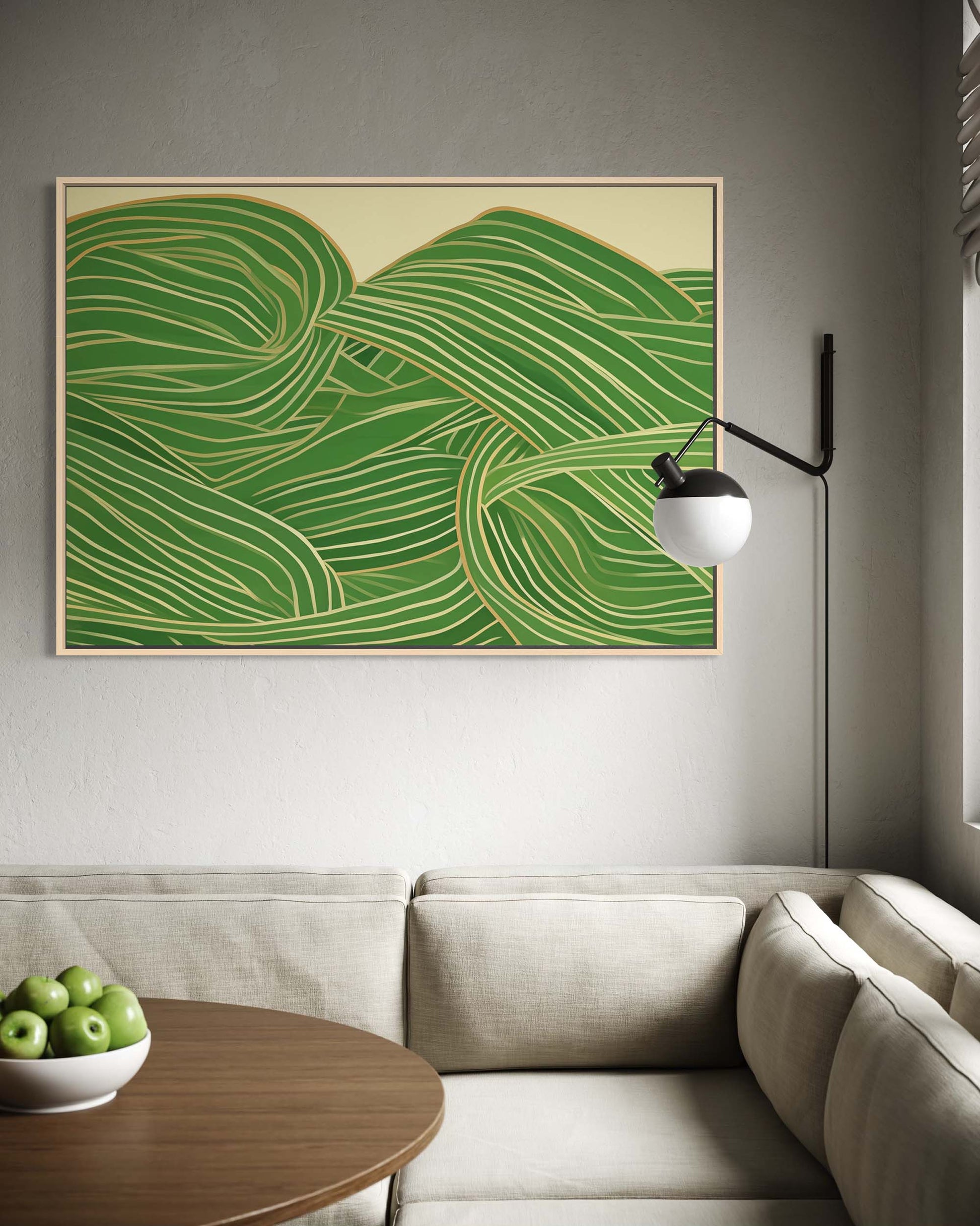 Modern living room with a green abstract painting on the wall, beige sofa, and wooden table.