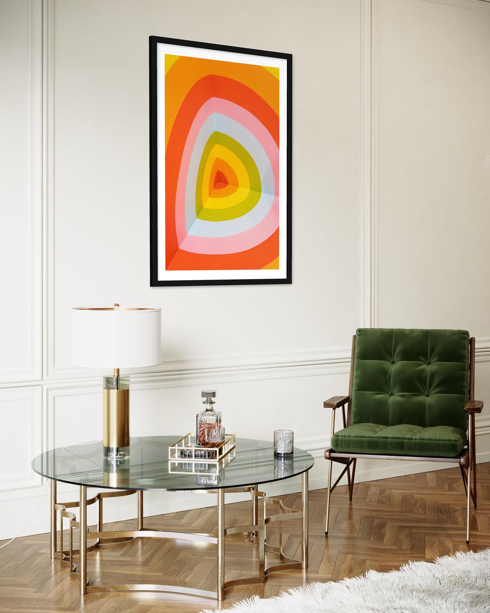 Modern living room with a glass coffee table, green armchair, and abstract art on the wall.
