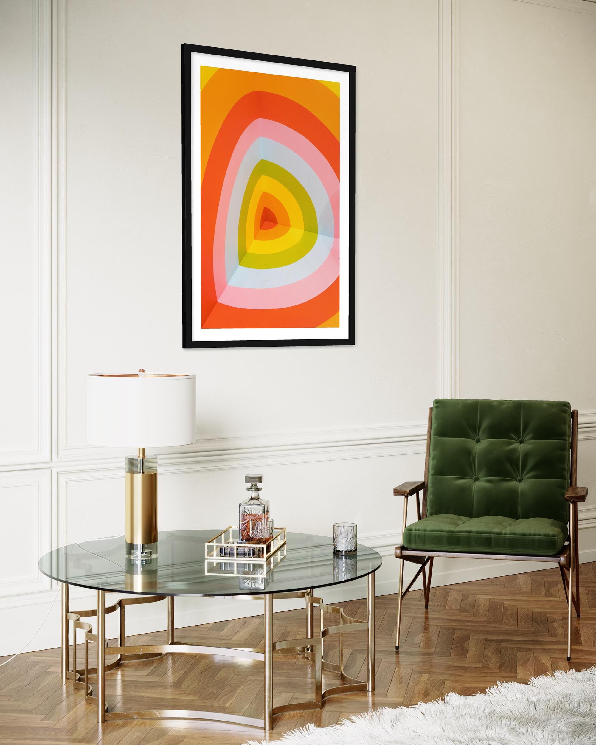 Modern living room with a glass coffee table, green armchair, and abstract art on the wall.