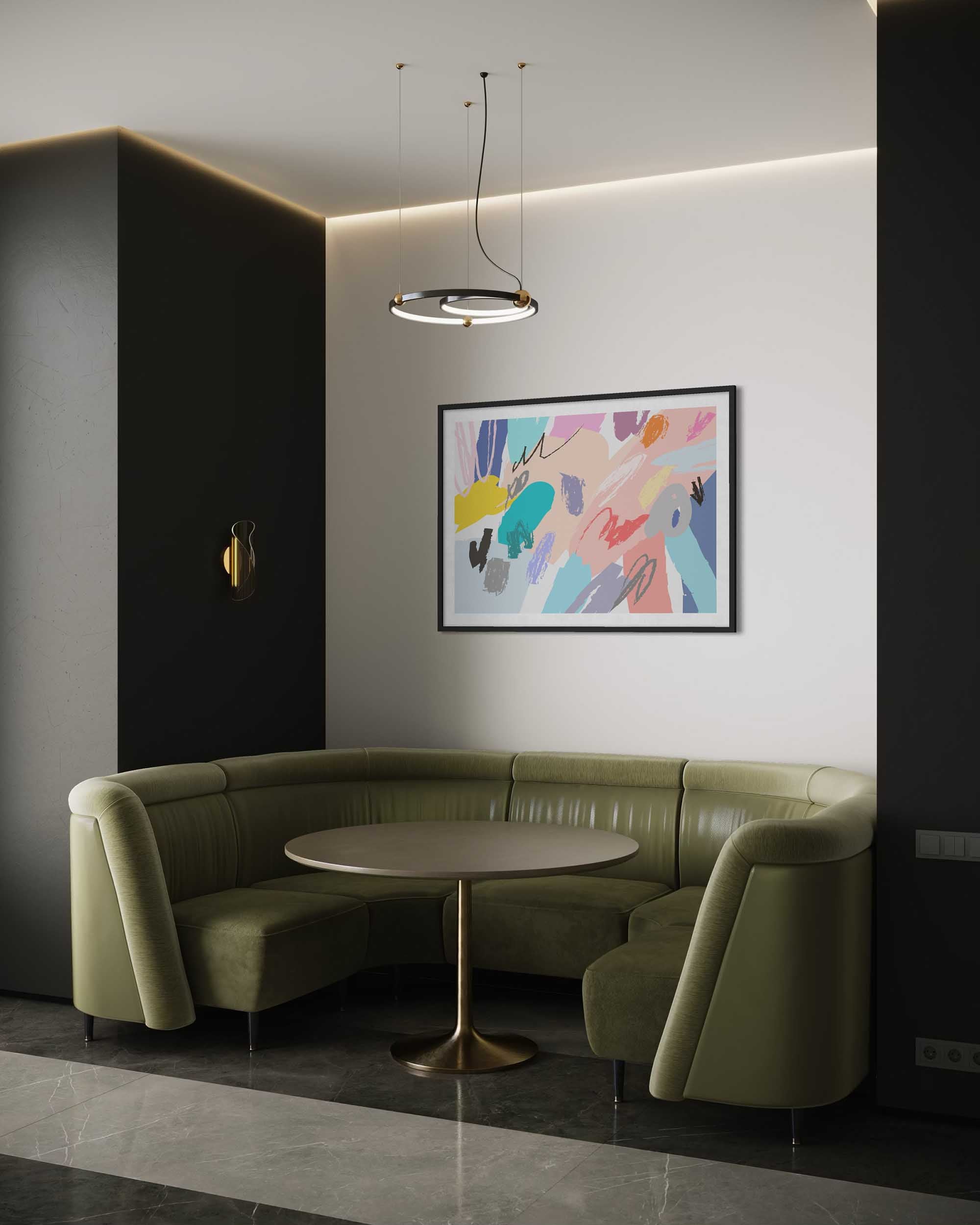 Modern interior with green curved sofa, round table, and abstract art on wall.