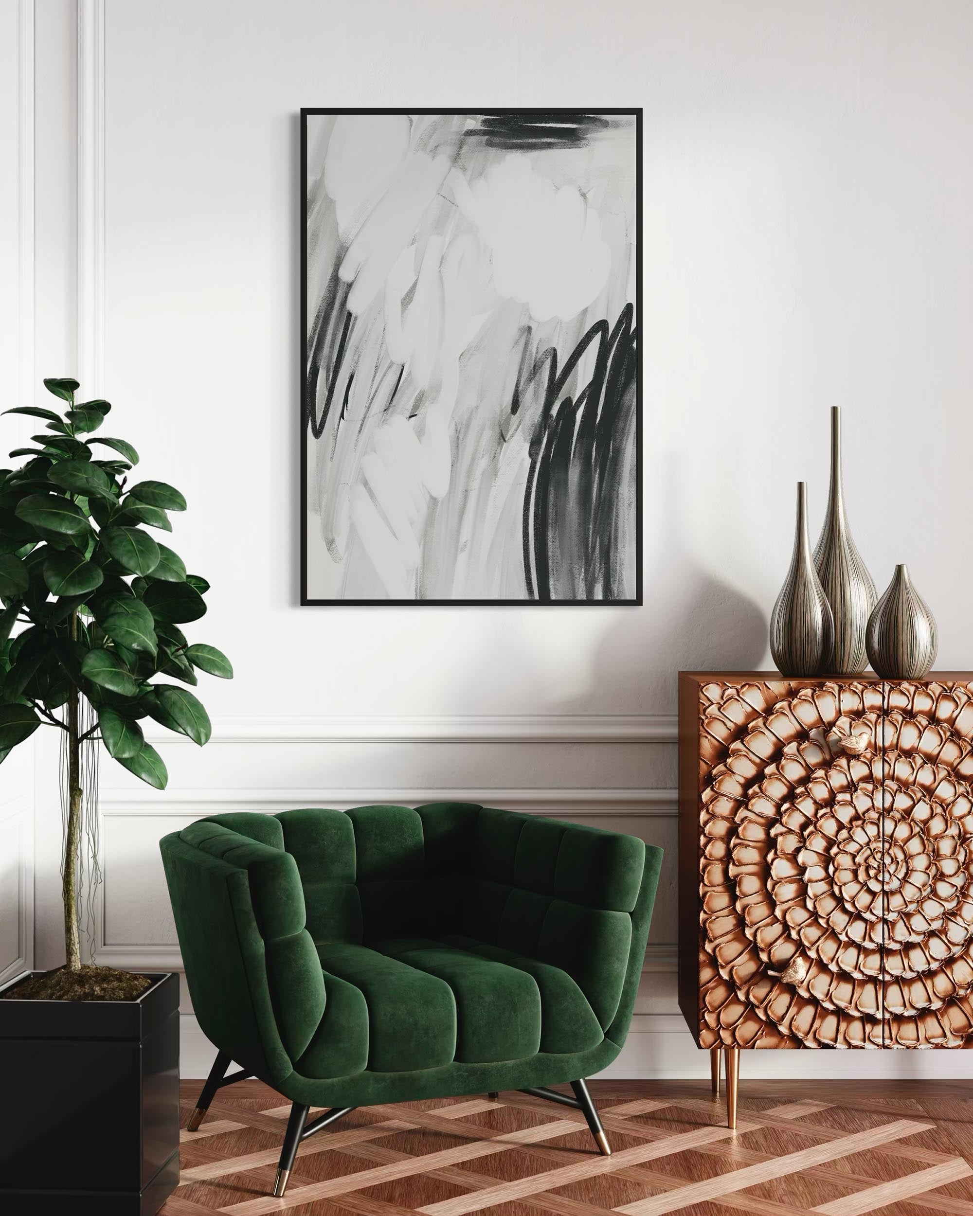 Modern living room with green sofa, decorative cabinet, and abstract art on wall.