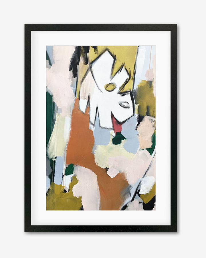 A framed art piece with abstract design, featuring bold colors and tropical leaves, in a black frame.