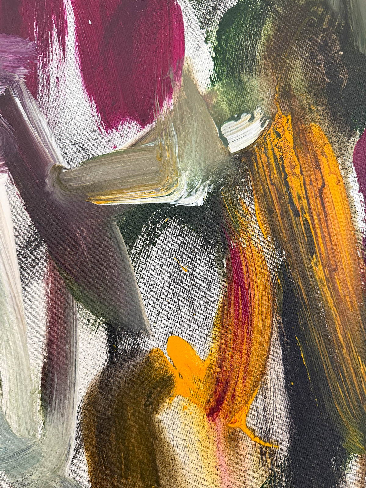 Abstract painting with thick textured brushstrokes in magenta, orange, olive green, brown, gray, and white.
