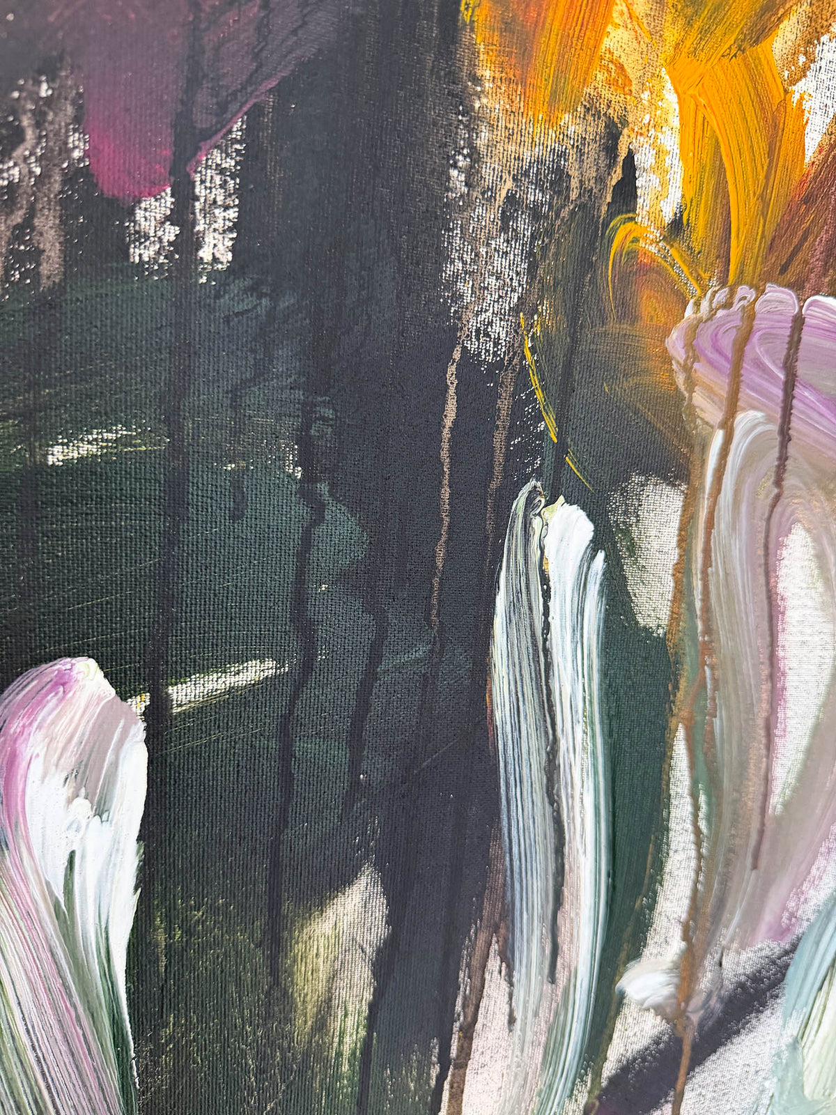 Abstract canvas painting with expressive brushstrokes in black, dark green, white, pink, purple, and bright yellow-orange.
