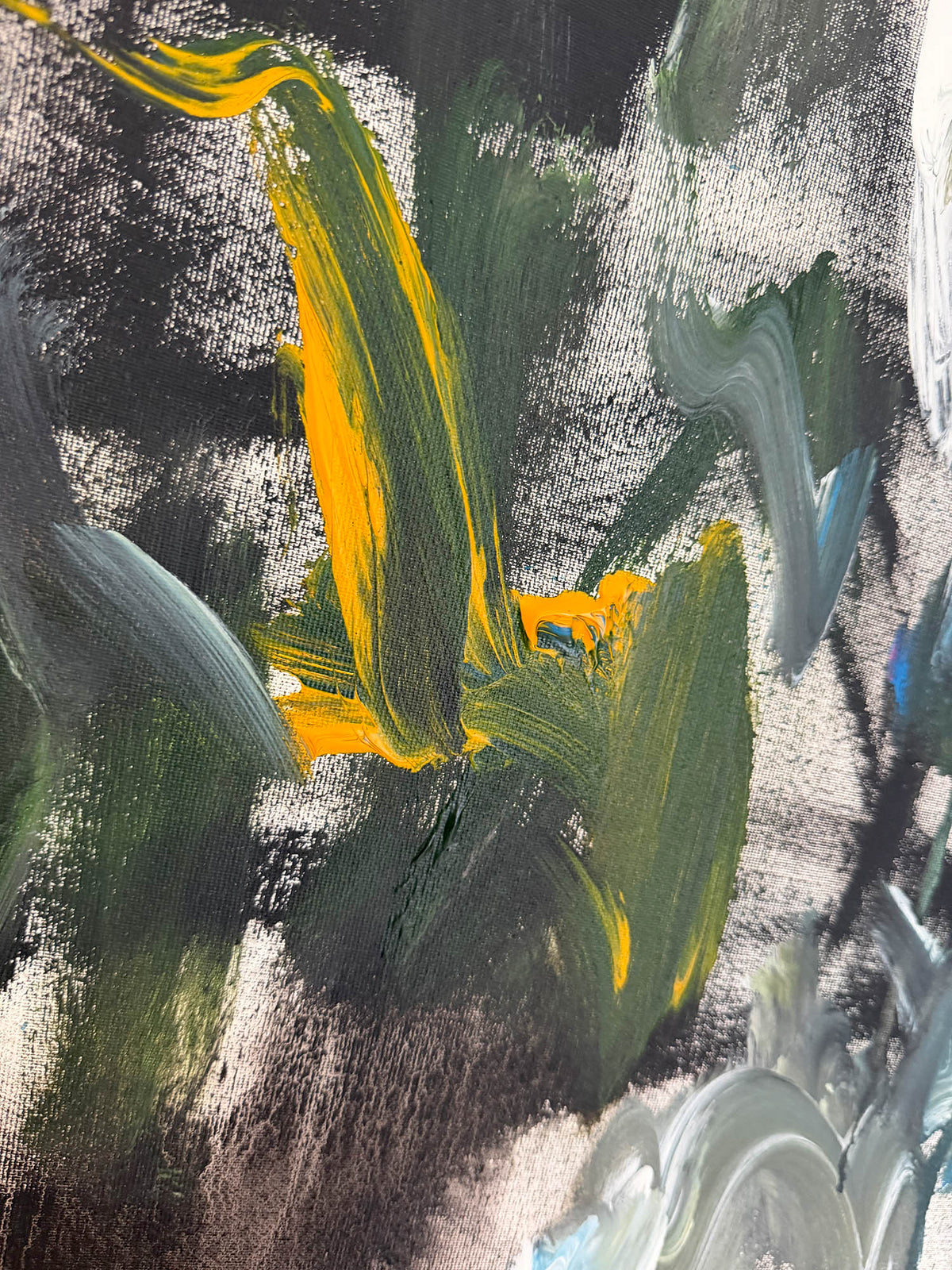 Abstract painting with thick textured brushstrokes in vibrant yellow, deep green, gray, and black.