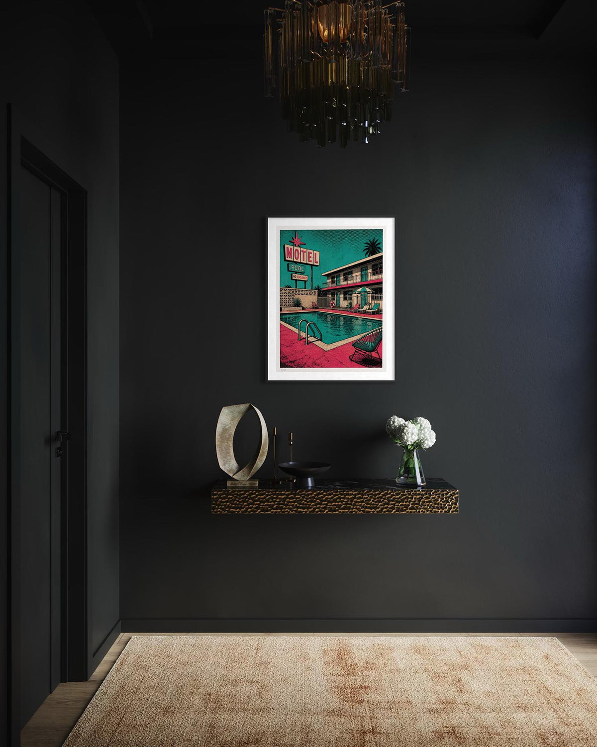 A framed art print featuring a retro motel pool scene with a neon sign, displayed on a dark wall above a floating shelf in a modern, moody room.