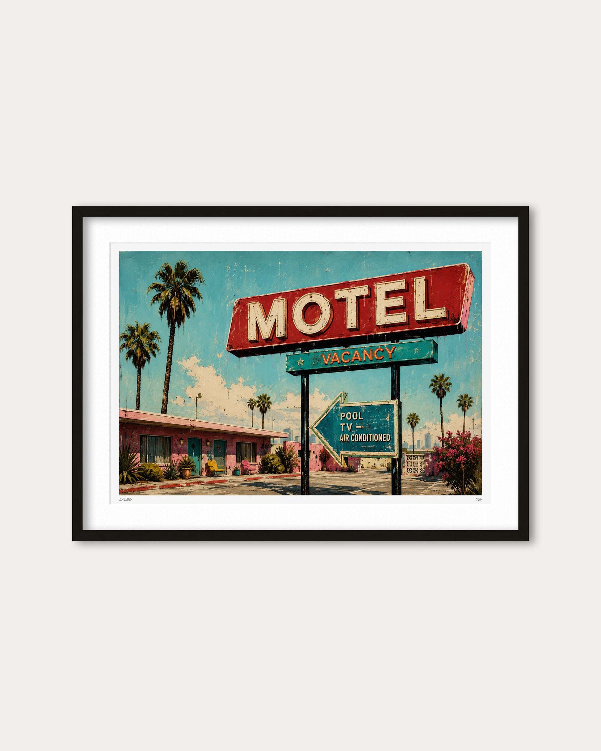 Framed wall art featuring a retro motel sign scene with palm trees, a motel building, and directional signage, shown in a black frame against a light neutral background.