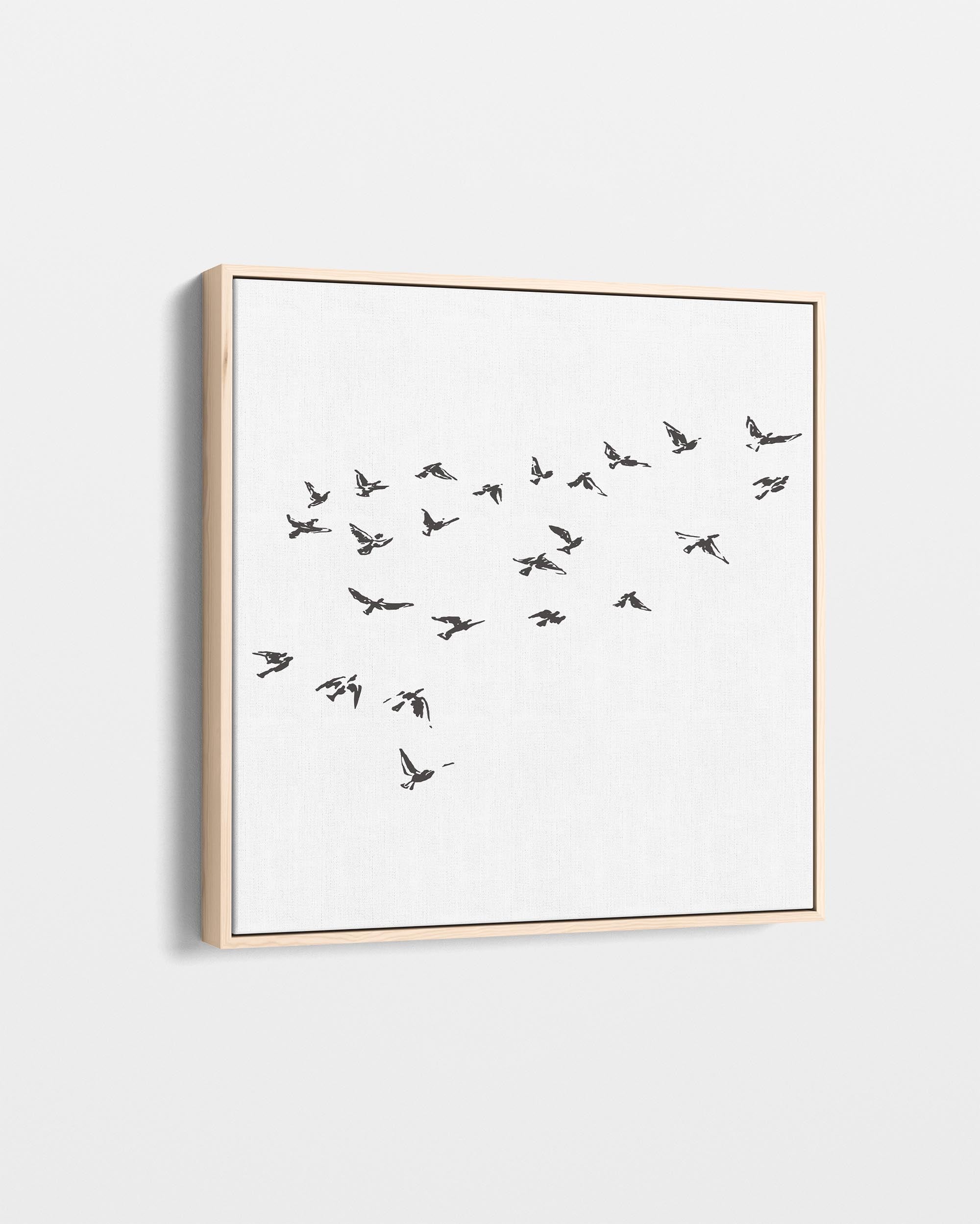 Framed artwork of birds in flight on a white background