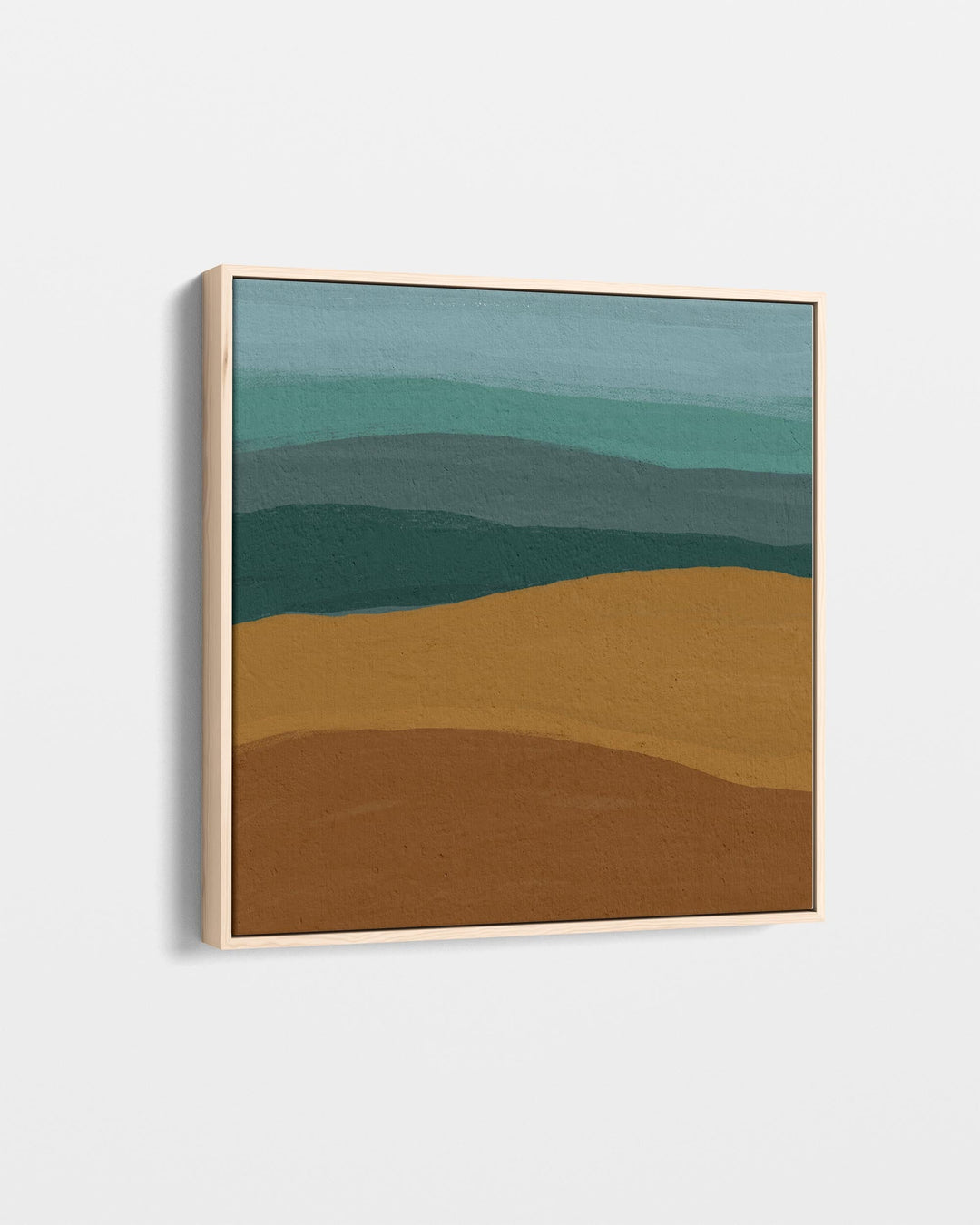 Abstract landscape painting with three horizontal stripes of green, blue, and brown on a white background.