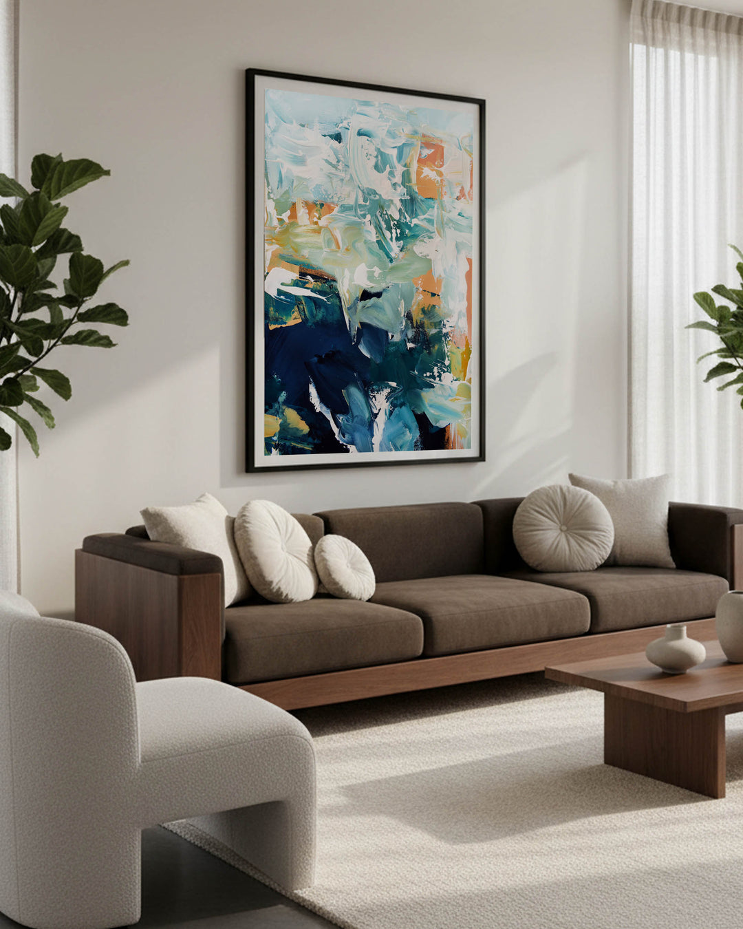 Modern navy and teal blue seascape abstract wall art print in modern Scandinavian beige living room aesthetic