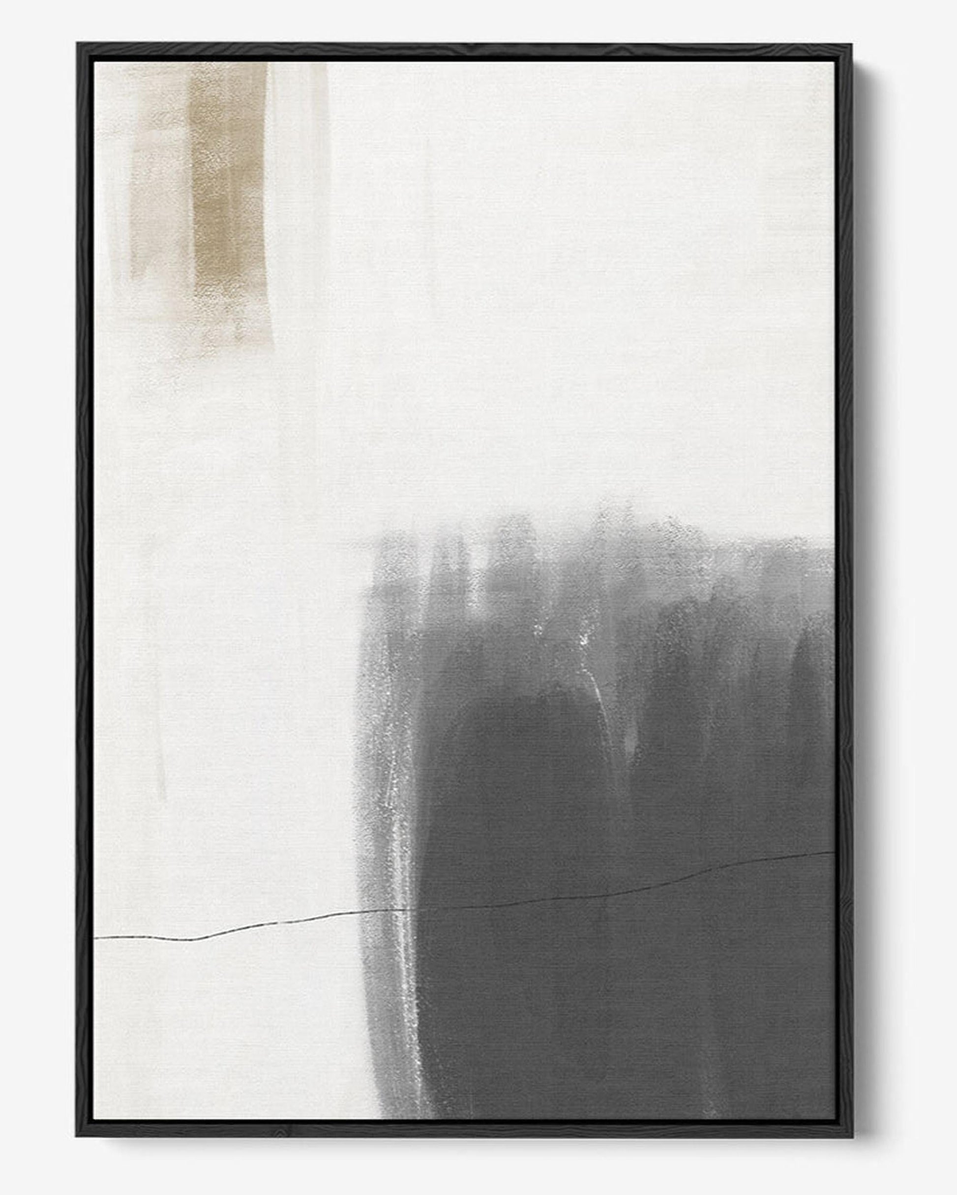 Abstract art print with black and white gradient in a black frame on a white background