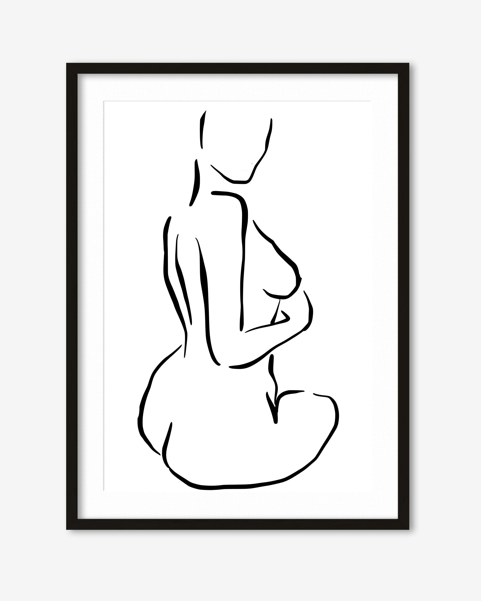 Framed black line art of a nude figure on a white background