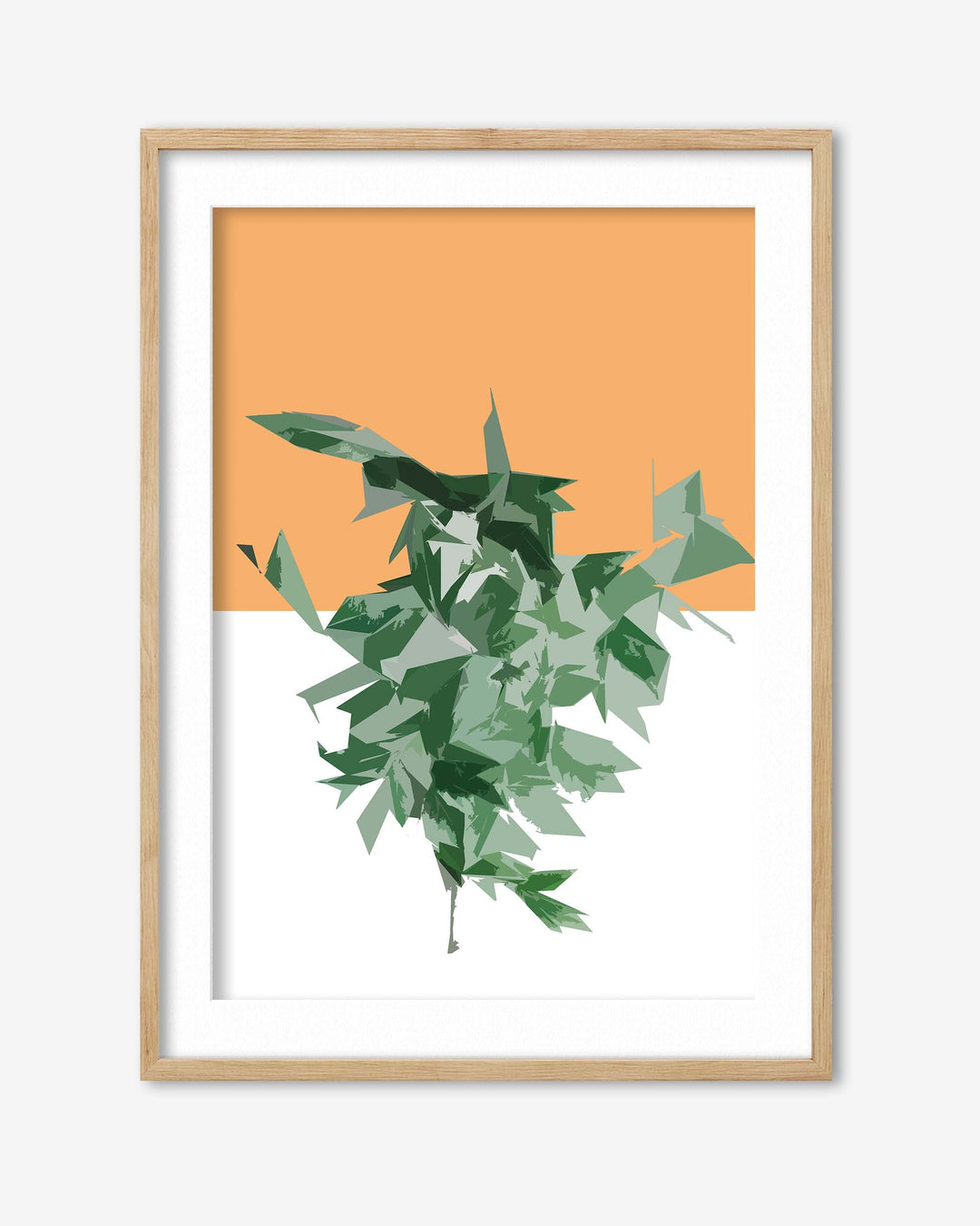 Framed artwork with green leaves on an orange background